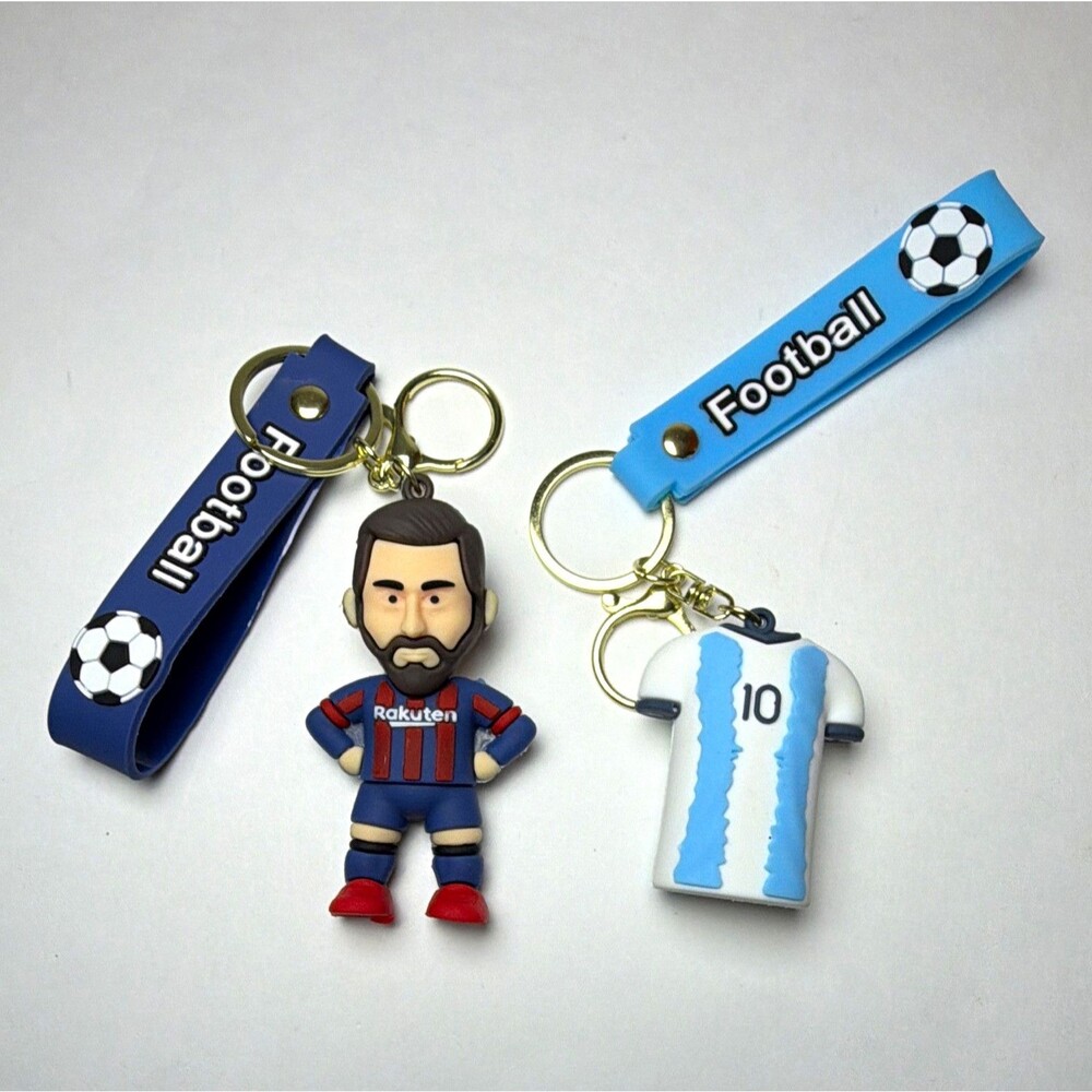 Messi Football Keychain Set w/ Figure & #10 Jersey Charms, Blue Straps